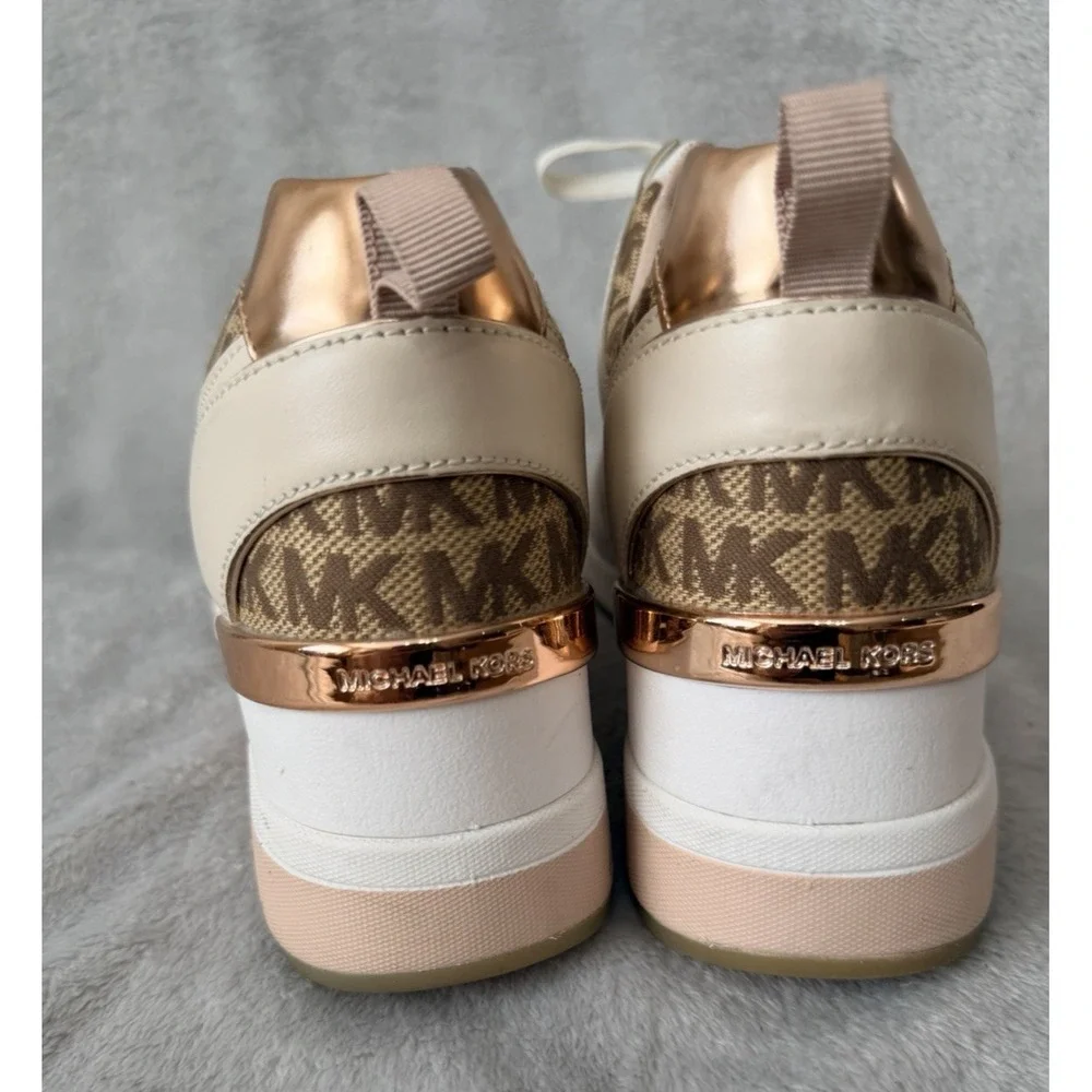 Michael Kors Rose Gold Georgie Trainer Sneakers Heels SZ 9 Leather Canvas Pink